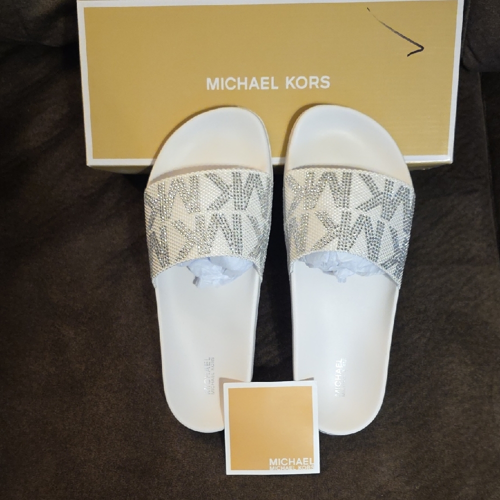 Michael Kors Cream and Gray Logo Slides